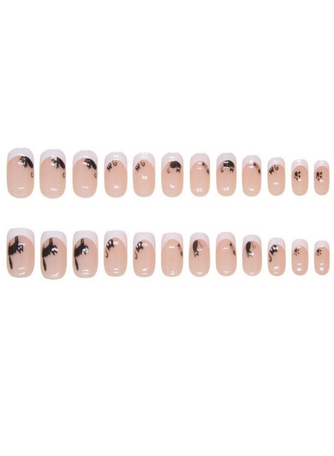 OCOUYVD Hallowen Cat Press on Nails Short Square Shaped French Tip Fake Nails with Cute Cartoon Black Cats and Fish Design Pink Glossy False Nails Full Cover Acrylic Nails for Women - Image 5
